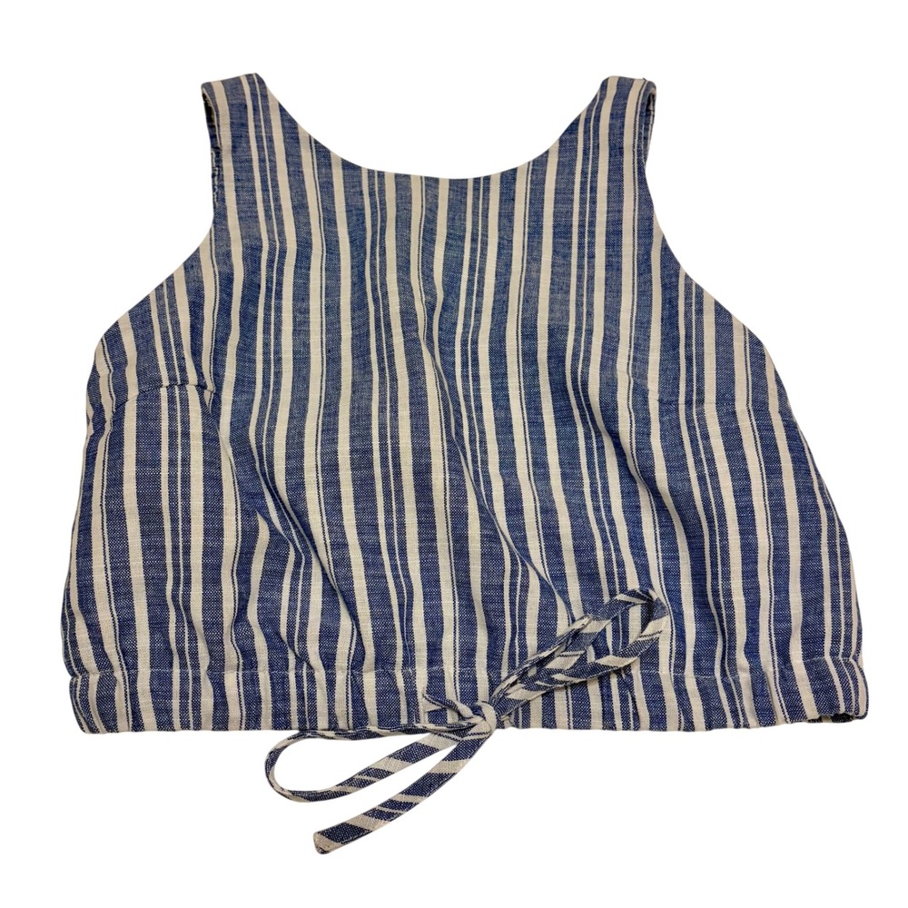 Blue & White Striped Cotton Linen Tie Front Crop Top Size Small Coastal - Picture 2 of 8
